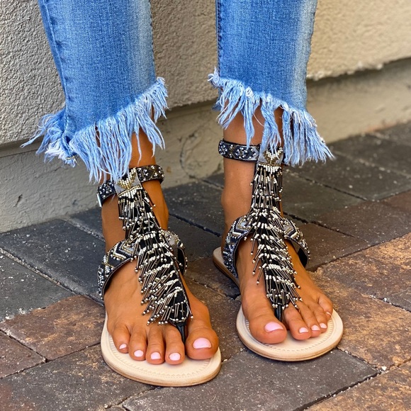 Leather Hand Beaded Gladiator T Strap Sandals - Picture 3 of 14